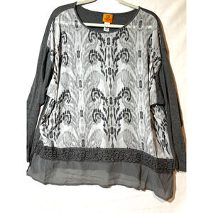 Ruby Rd. Woman Sz 2x lace Sheer overlay‎ Grey paisley tunic top whimsigoth fairy